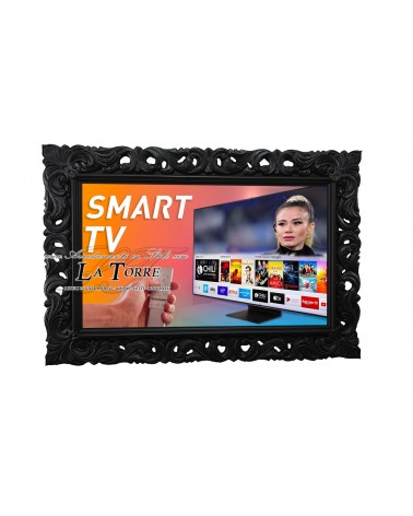 Classic black baroque perforated wall mounted Smart TV frame. Wooden television TV1135N