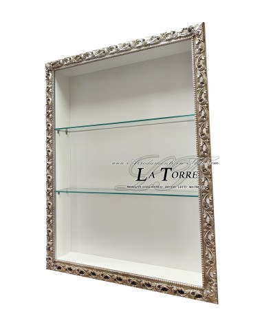 Suspended wall showcase, Baroque style notice board, burnished silver perforated frame, custom TV stand box VTGM224AB