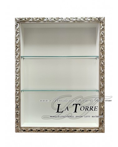 Suspended wall showcase, Baroque style notice board, burnished silver perforated frame, custom TV stand box VTGM224AB