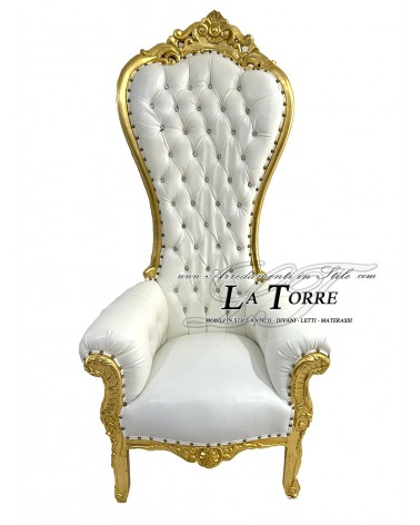 Poltrona trono stile Barocco ecopelle o vellutino bianca oro Swarovski Ar7579