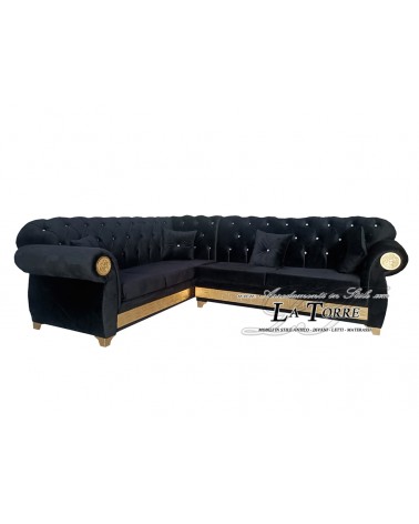 Divano 5 posti angolare rete e materasso Chesterfield moderno ecopelle o vellutino greca qualsiasi colore swarovski AZ26