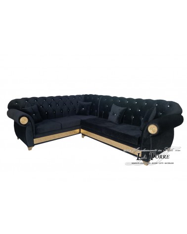 Divano 5 posti angolare rete e materasso Chesterfield moderno ecopelle o vellutino greca qualsiasi colore swarovski AZ26