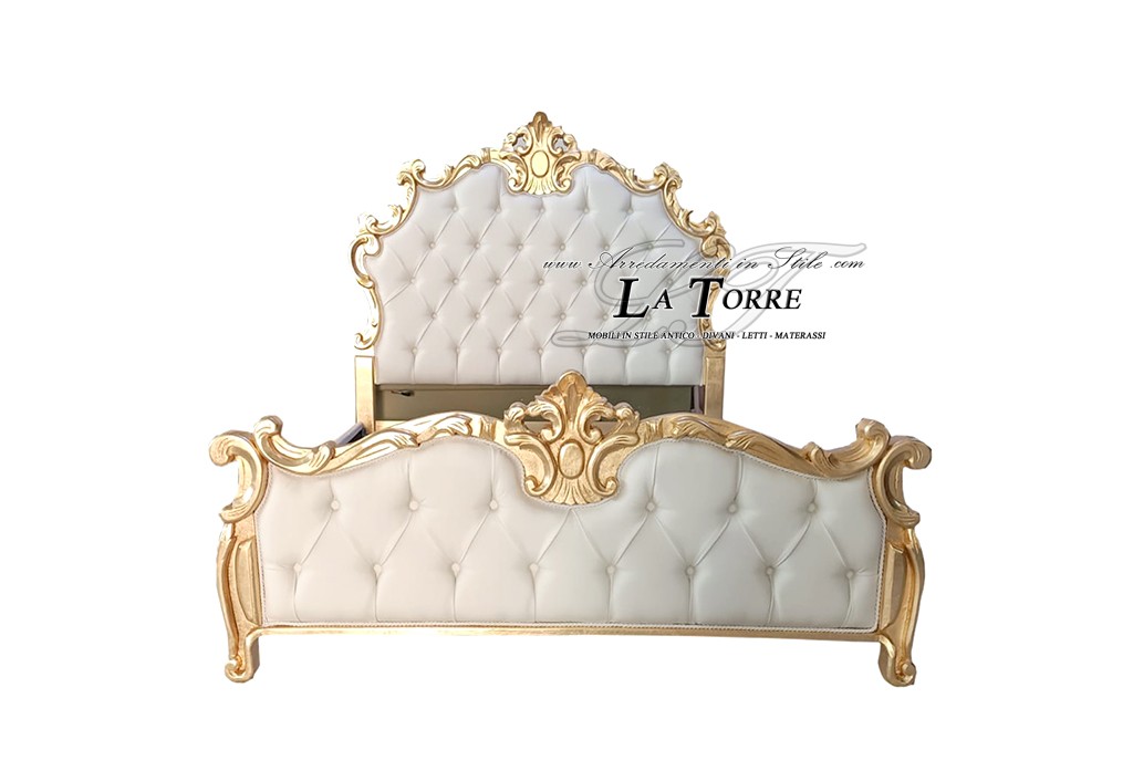 Square and Half Baroque Faux Leather Solid Wood Gold Silver Prisca Bed-
