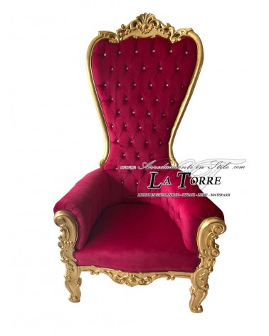 Barocker Thronsessel aus goldfarbenem Holz, Samt oder rotem Kunstleder, Swarovski MA1318