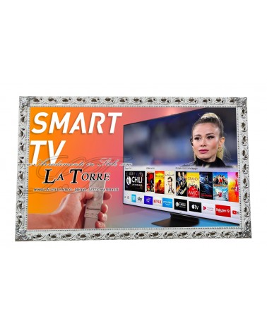 Cornice Smart Tv televisore barocca moderna classica su misura bianco e argento legno TVGM224ba