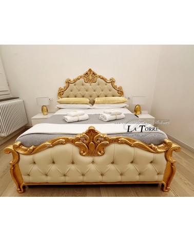 Baroque double bed faux leather solid wood gold silver Prisca