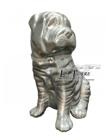 Keramik-Tierfigur, Hundestatue, Wohnaccessoire, Swarovski Shar Pei, Silberkeramik, H40cm, PR28