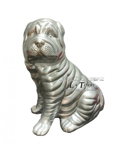 Keramik-Tierfigur, Hundestatue, Wohnaccessoire, Swarovski Shar Pei, Silberkeramik, H40cm, PR28