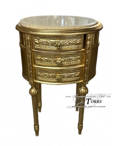 Antiker Nachttisch im Stil Louis XV, ovaler Couchtisch mit Schubladen, Telefonständer, goldener Barockmarmor LT3054