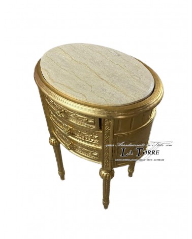 Antiker Nachttisch im Stil Louis XV, ovaler Couchtisch mit Schubladen, Telefonständer, goldener Barockmarmor LT3054