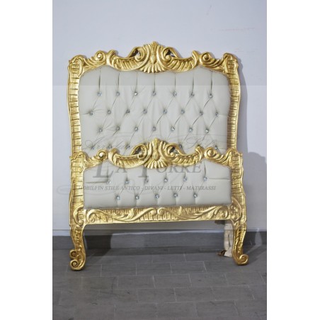 Barockes Einzelbett aus geschnitztem Holz, Goldcapitonné, champagnerfarbene Swarovski-Kristalle LT2662