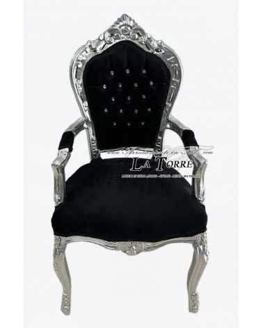 Still Louis XV Baroque Empire Silver Black Velvet Armchair AL2729