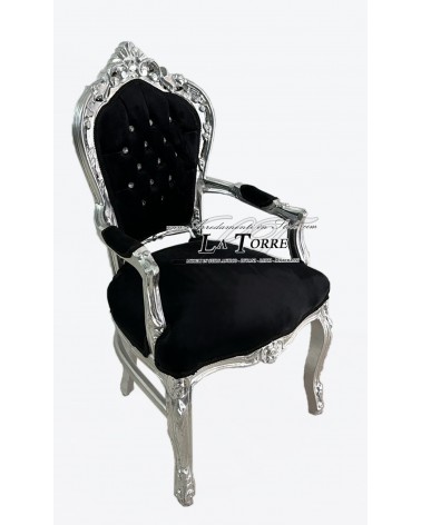 Still Louis XV Baroque Empire Silver Black Velvet Armchair AL2729