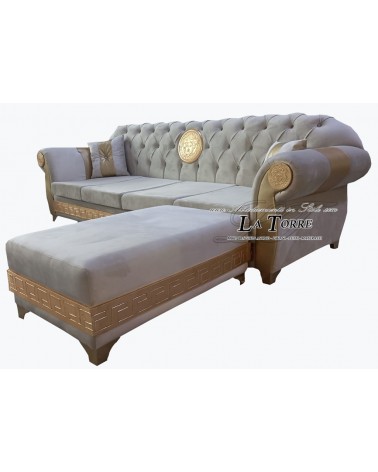 4-Sitzer-Halbinselsofa mit Bettgestell und moderner Chesterfield-Matratze, Medusa-Göttin, Öko-Leder oder Swarovski-Samt AZ07