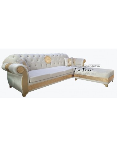 4-Sitzer-Halbinselsofa mit Bettgestell und moderner Chesterfield-Matratze, Medusa-Göttin, Öko-Leder oder Swarovski-Samt AZ07