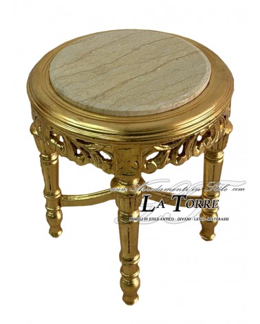Barocker Louis-XV-Couchtisch aus Massivholz, rund, mit goldener Marmor-Rückwand AL3444