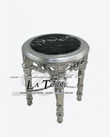 Barocker runder Louis-XV-Couchtisch mit silberner Rückwand und schwarzem Marmor AL3444