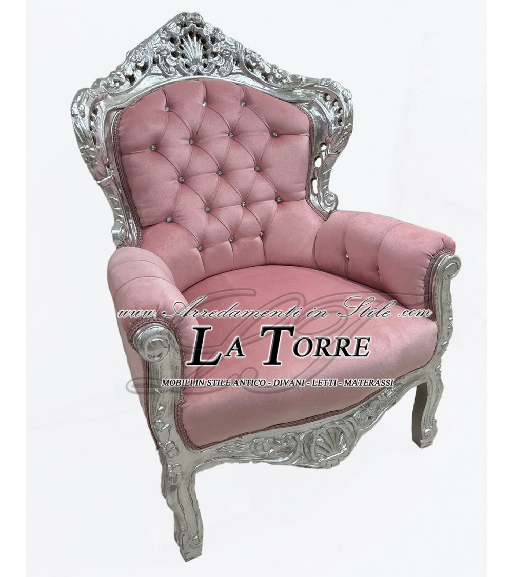 Sedia poltrona germany trono barocco argento e rosa vellutino