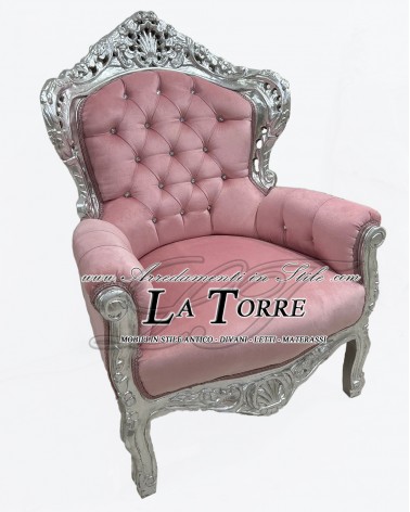 Sedia poltrona germany trono barocco argento e rosa vellutino swarovski AL4227
