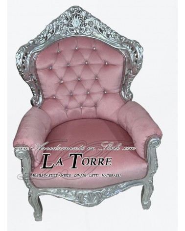 Sedia poltrona germany trono barocco argento e rosa vellutino swarovski AL4227