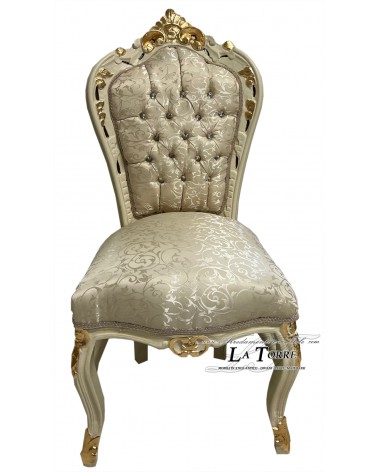 Sedia Poltrona Barocco Still Luigi XV legno avorio e oro tessuto virginia champagne swarovski AL1826
