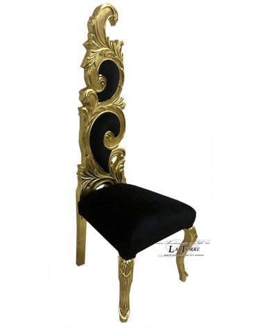 Poltrona trono barocco sedia fiamma h145 oro velluto nero AR6970