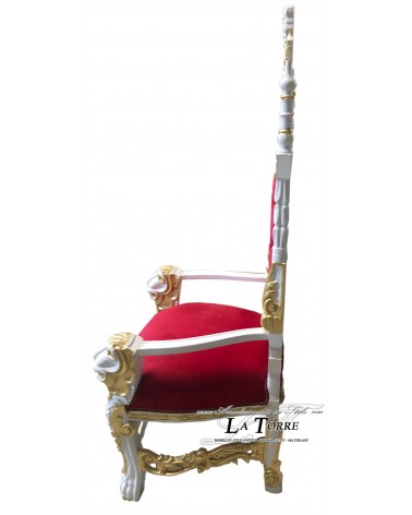 Königlicher Thron im Barockstil mit Löwen, hoher königlicher Sessel, weißes Blattwerk, goldene Details, roter Samt AL10