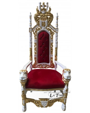 Königlicher Thron im Barockstil mit Löwen, hoher königlicher Sessel, weißes Blattwerk, goldene Details, roter Samt AL10