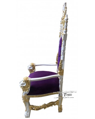 Trono da re con leoni in stile barocco poltrona alta reale bianca dettagli in oro velluto viola AL10