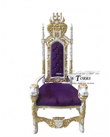 Trono da re con leoni in stile barocco poltrona alta reale bianca dettagli in oro velluto viola AL10