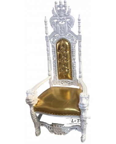 Königlicher Thron im Barockstil mit Löwenmotiv, hoher königlicher Sessel, weißgoldenes Leder AL10