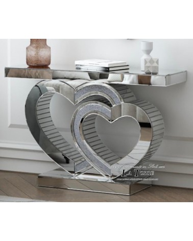 Modern Mirrored Console Table with Swarovski Hearts - Luxury Entryway Furniture E54B