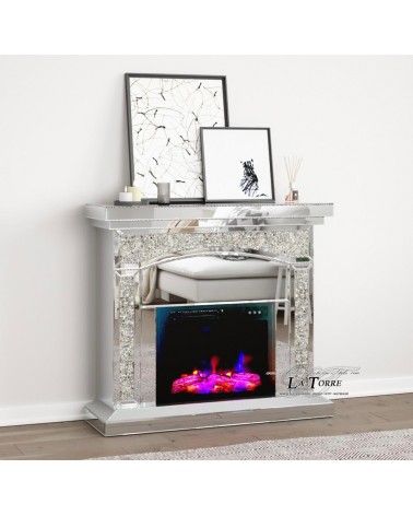 Mirrored Glass Electric Fireplace with LED Flame – Modern Elegant Luxury Furniture J38D