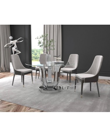 Round Dining Table with Mirrored Base and Swarovski Details – Glass Top, Luxury Modern Design G26E