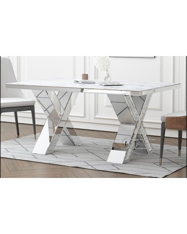 Tavolo da Pranzo Rettangolare Specchiato con Base a Doppia X e Dettagli Swarovski – Piano Effetto Marmo, Design di Lusso G30C