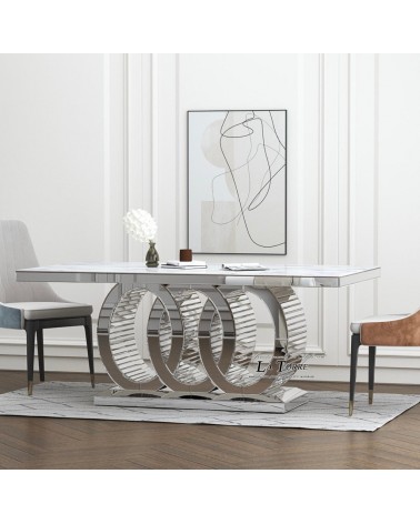 Tavolo da Pranzo Rettangolare Specchiato con Base Circolare – Piano Effetto Marmo di Lusso G32E