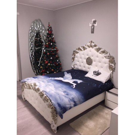 Letto Matrimoniale Dea Medusa contenitore ecopelle bianca Barocco legno foglia argento PILISSENA