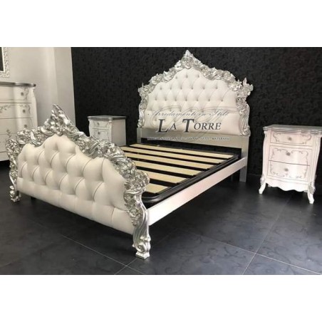 King size double bed in eco-leather or velvet, Baroque style storage unit, gold, silver or patinated wood, any colour PILISSENA