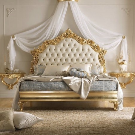 Letto Matrimoniale Barocco legno foglia oro argento o patinato ecopelle o vellutino qualsiasi colore PILISSENA2