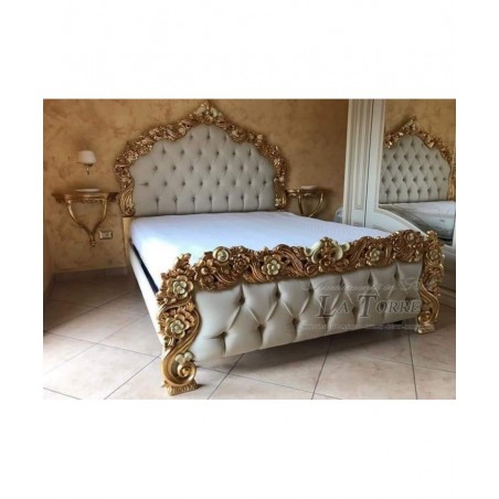 King size double bed with Baroque eco-leather container, wood, gold and silver PILISSENA