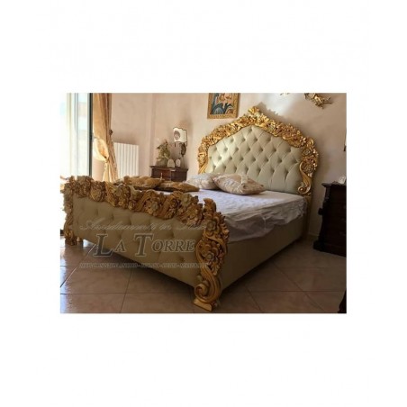 King size double bed with Baroque eco-leather container, wood, gold and silver PILISSENA