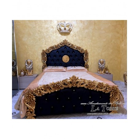Göttin Medusa Kingsize-Doppelbett mit Staufach, Öko-Leder oder Samt, Barockholz, Gold und Silber, jede Farbe, PILISSENA