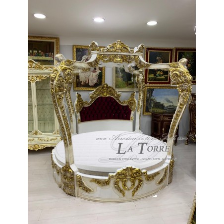 Rundes Himmelbett im Louis-XV-Barockstil, Doppelbett in Elfenbein, Gold, Samt und Holz, LT2680
