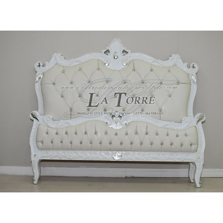 Letto Matrimoniale Luigi XV Barocco bianco e argento ecopelle Swarovski LT2676