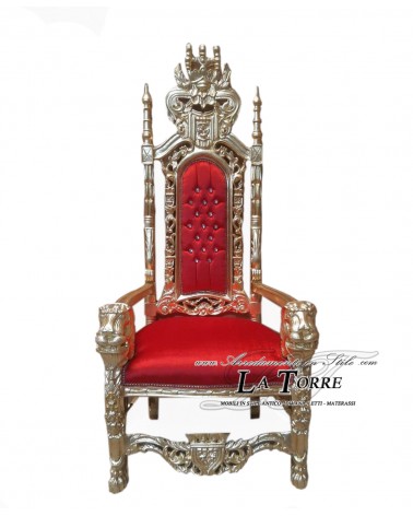 Trono da re con leoni in stile barocco poltrona alta reale foglia argento velluto rosso AL10