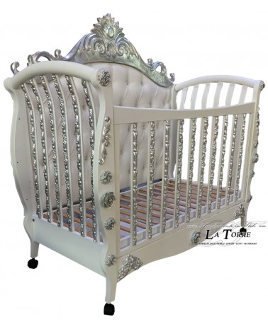 Simba Babybett im Barockstil, Einzelbett, Weiß und Silber, jede Farbe möglich, AZ12