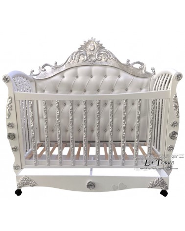 Simba Babybett im Barockstil, Einzelbett, Weiß und Silber, jede Farbe möglich, AZ12