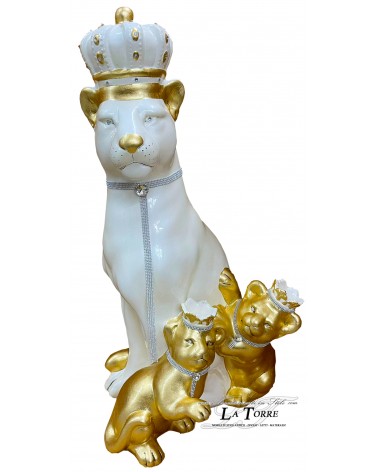 Keramische Tierstatue, Skulptur, Löwin mit Krone, weiße Löwenjunge, goldene Swarovski-Kristalle, Höhe 100 cm, PR00
