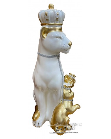 Keramische Tierstatue, Skulptur, Löwin mit Krone, weiße Löwenjunge, goldene Swarovski-Kristalle, Höhe 100 cm, PR00