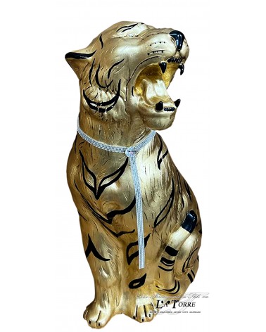 Keramische Tierstatue, Tiger, offenes Maul, Blattgold, schwarze Streifen, Swarovski-Kristalle, 90 cm, PR03
